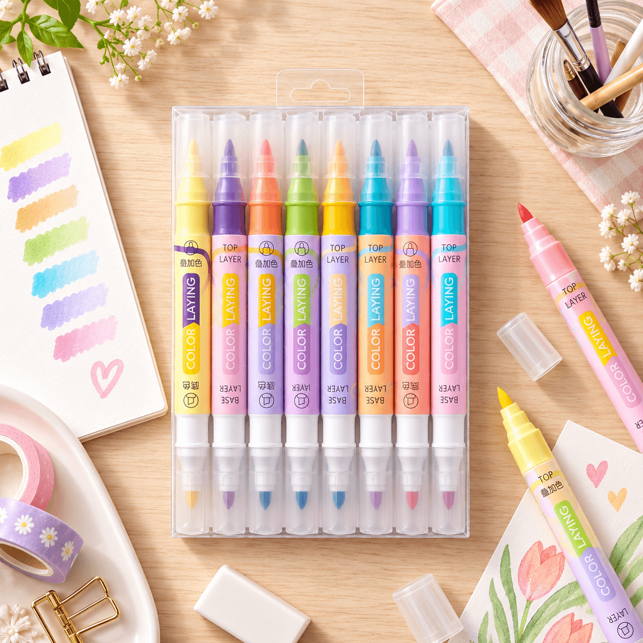 Magic Color Changing Dual Tip Highlighter Marker Set of 8 – Color Layering Pastel Highlighters for Notes, Journaling, School & Art