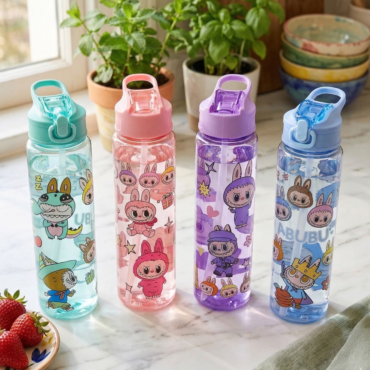 Kawaii Cute Water Bottle 800ml, Stylish Plastic Bottle for Kids Girls ...